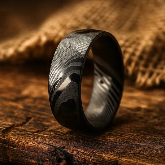 black damascus steel ring 8mm The Nightsteel