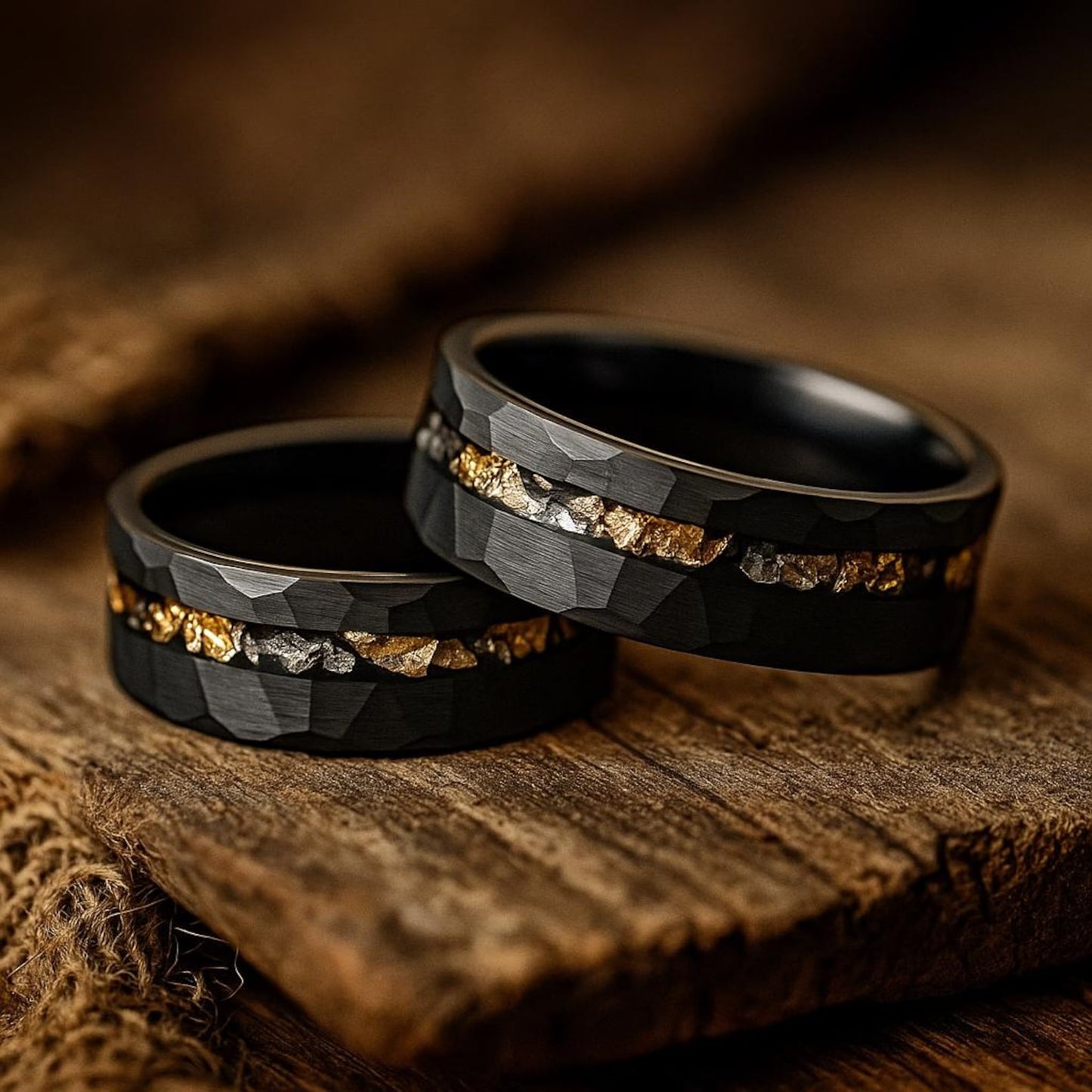 black faceted tungsten gold meteorite ring 8mm The Skyforge