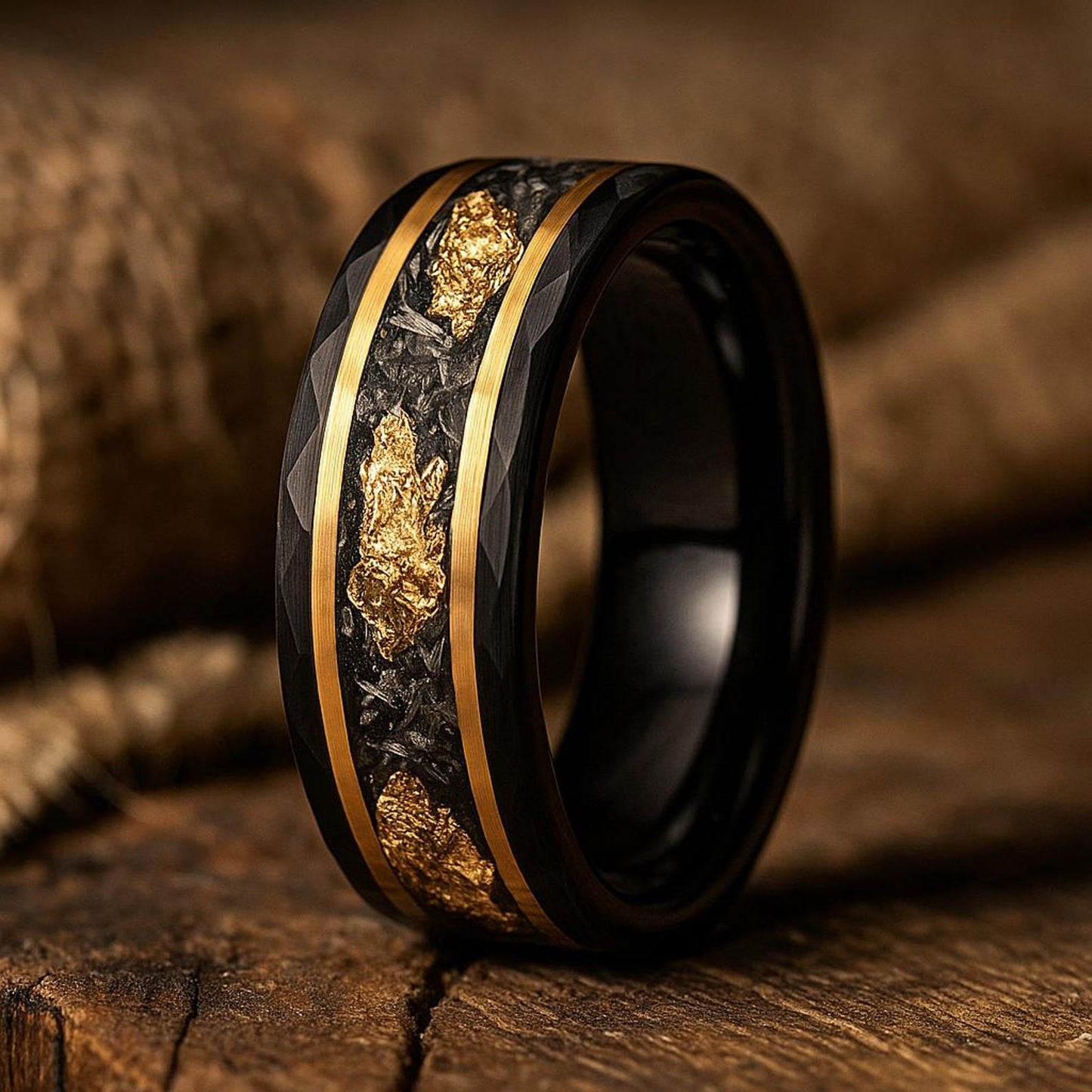 black faceted tungsten gold meteorite ring 8mm The Starfall