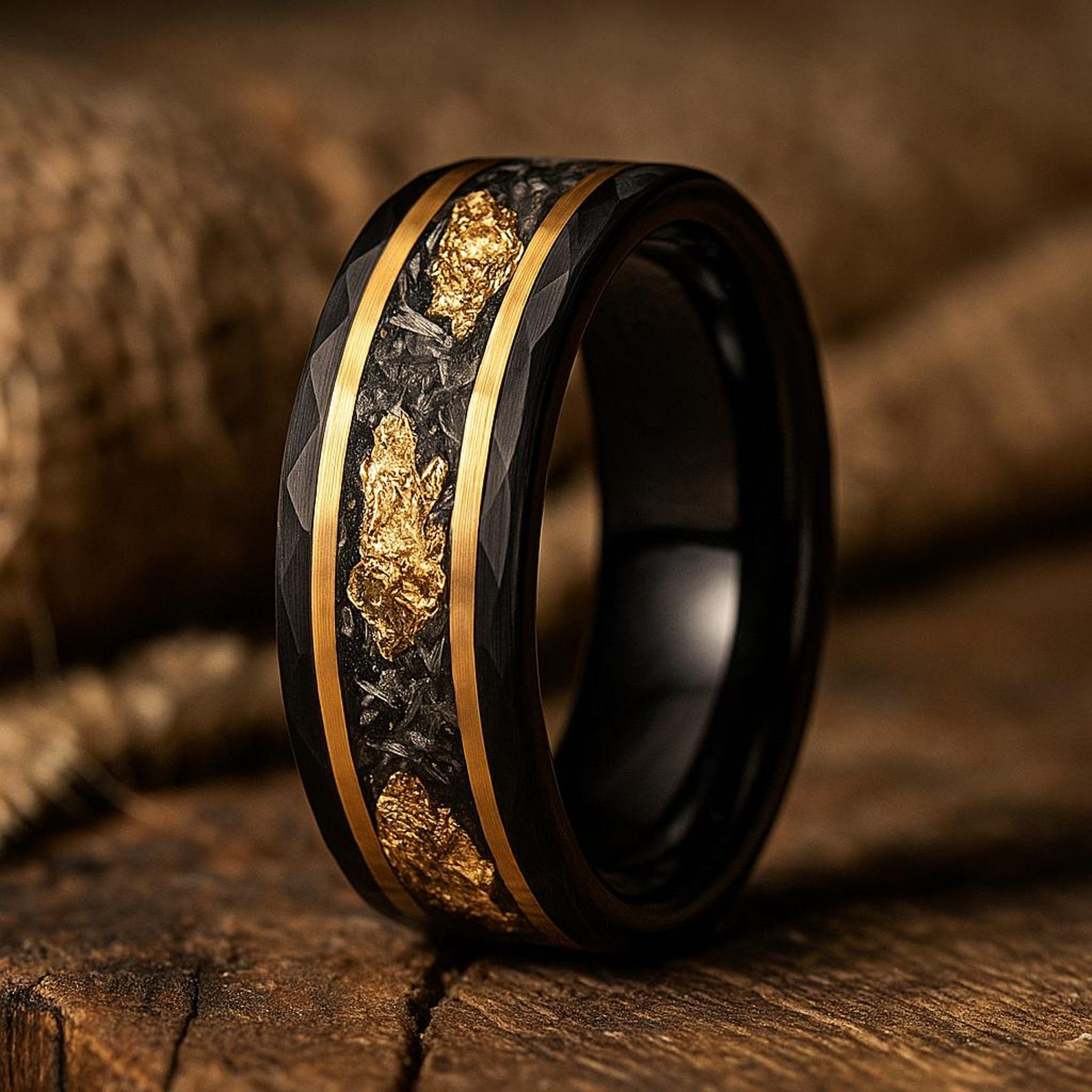 black faceted tungsten gold meteorite ring 8mm The Starfall