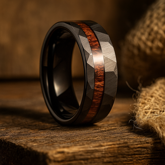 black hammered tungsten barrel wood ring 8mm The Maltfire