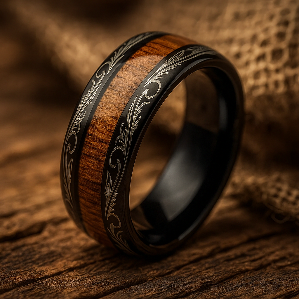 black tungsten barrel wood ring 8mm The Firesoak