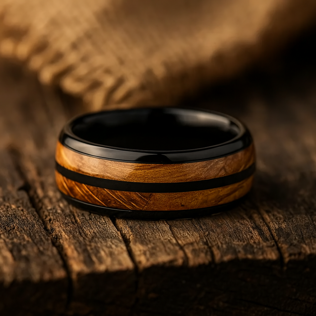 black tungsten barrel wood ring 8mm The Oakbound