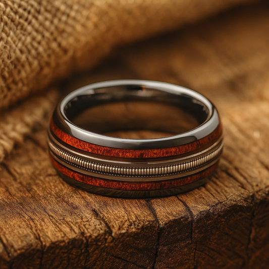 black tungsten barrel wood silver guitar string ring 8mm The Stagewire