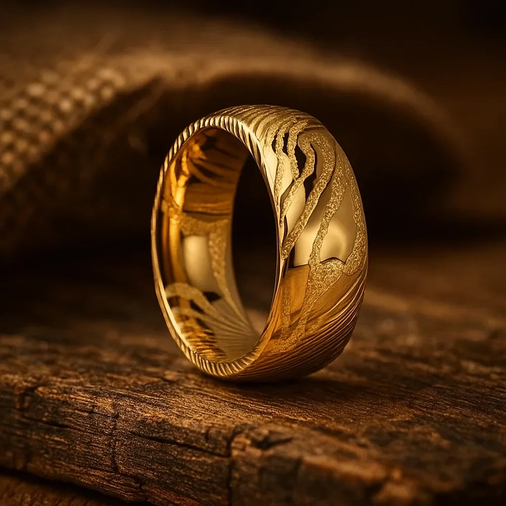 gold damascus steel ring 8mm The Goldforge