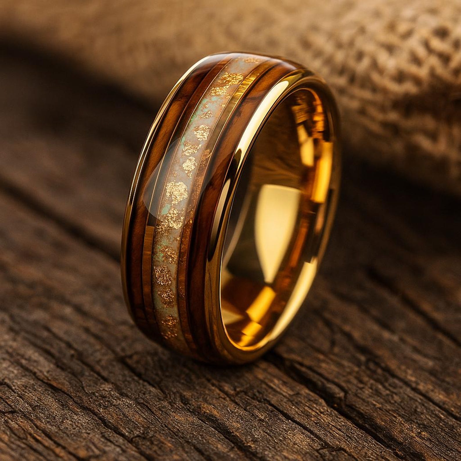 gold tungsten barrel wood ring 8mm The Aged Star