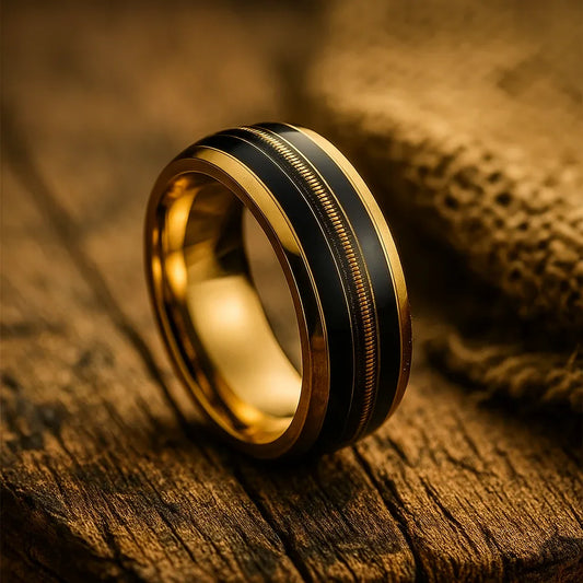 gold tungsten black inlay guitar string ring 8mm