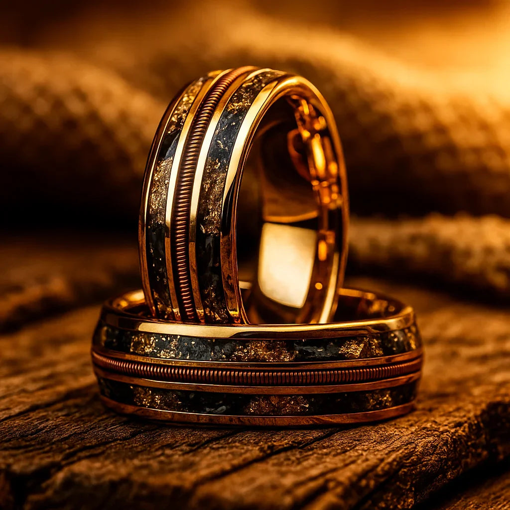 gold tungsten meteorite guitar string ring 8mm The Soundline