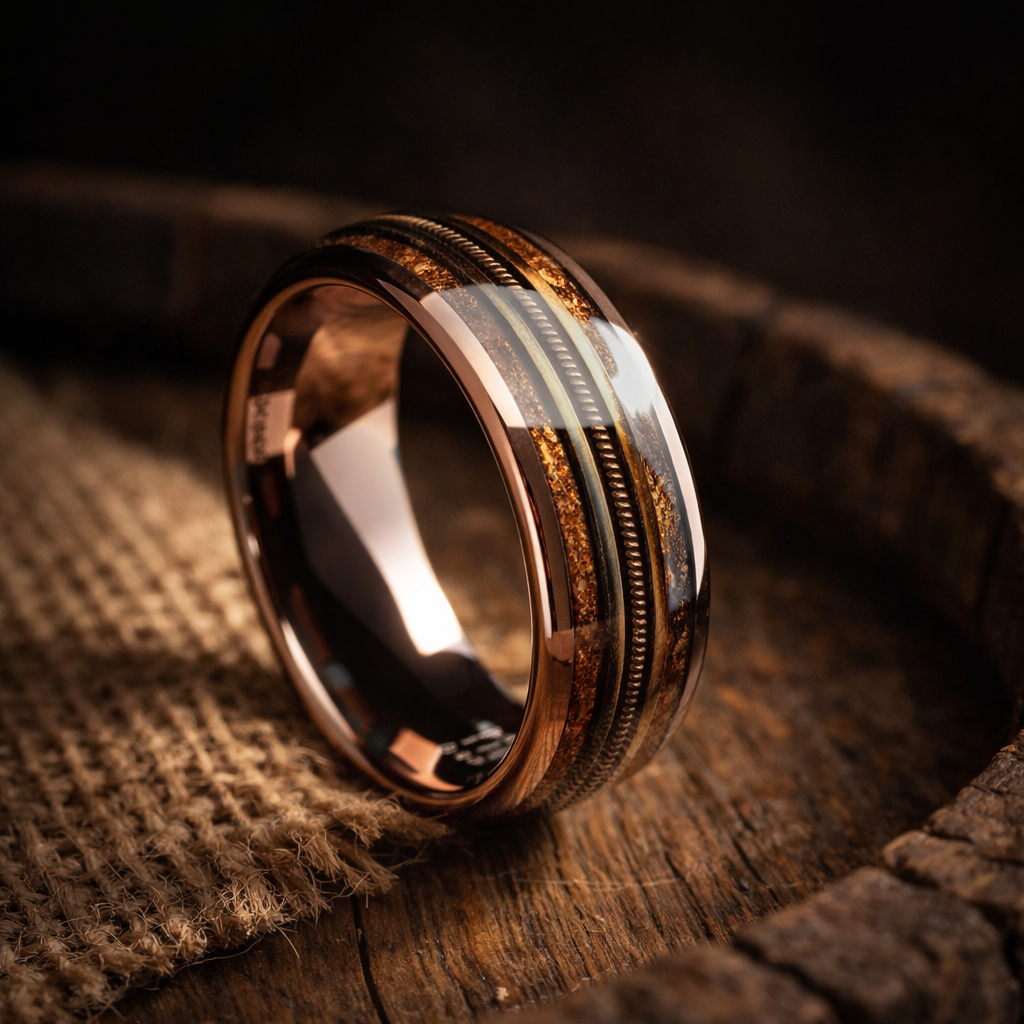 rose gold tungsten barrel wood guitar string ring 8mm The Stringfire