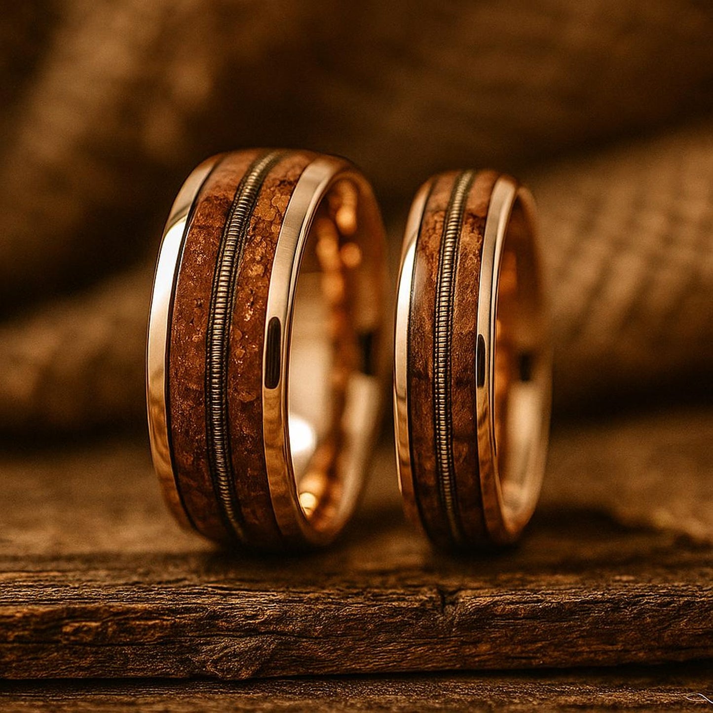 rose gold tungsten barrel wood guitar string ring 8mm The Twin Chord