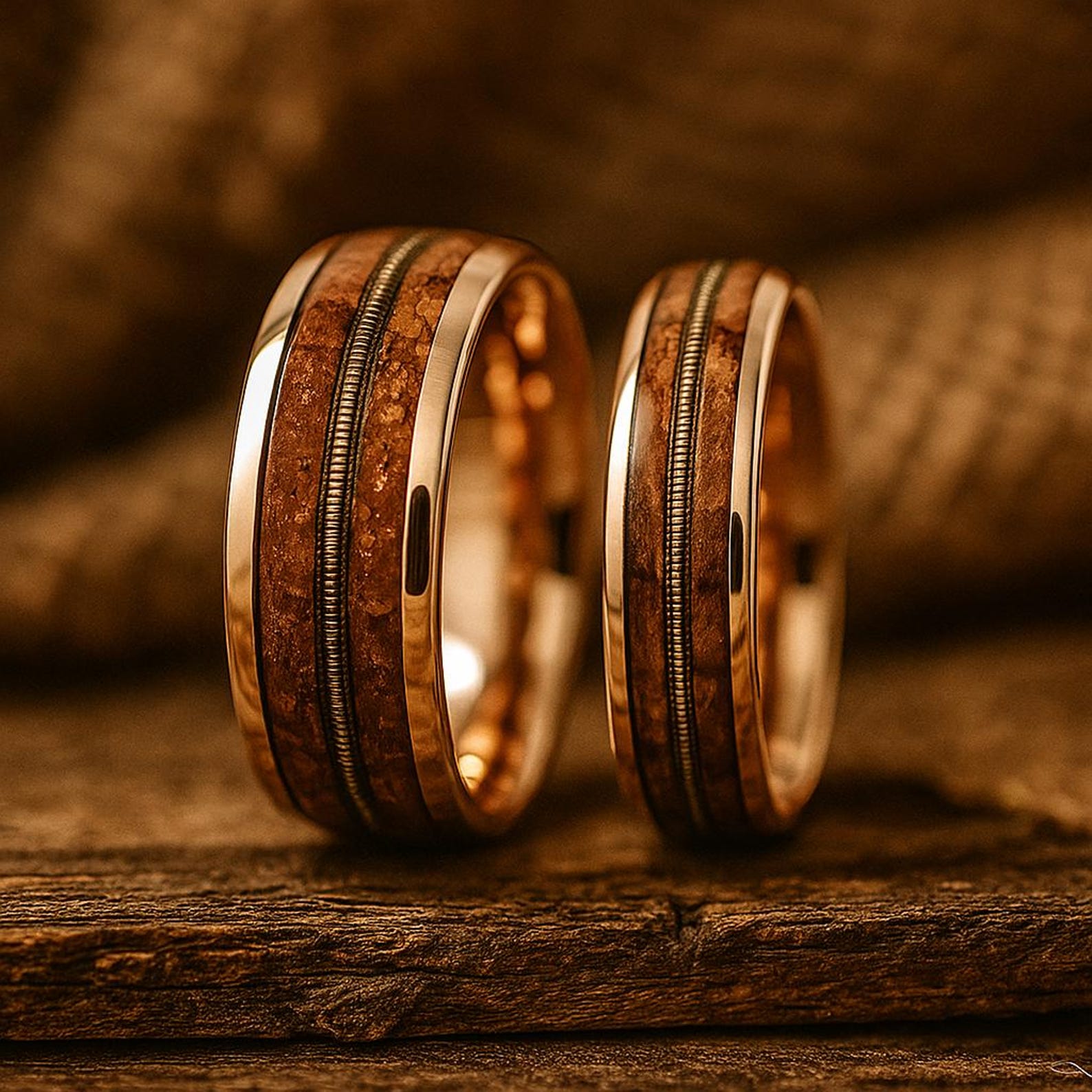 rose gold tungsten barrel wood guitar string ring 8mm The Twin Chord