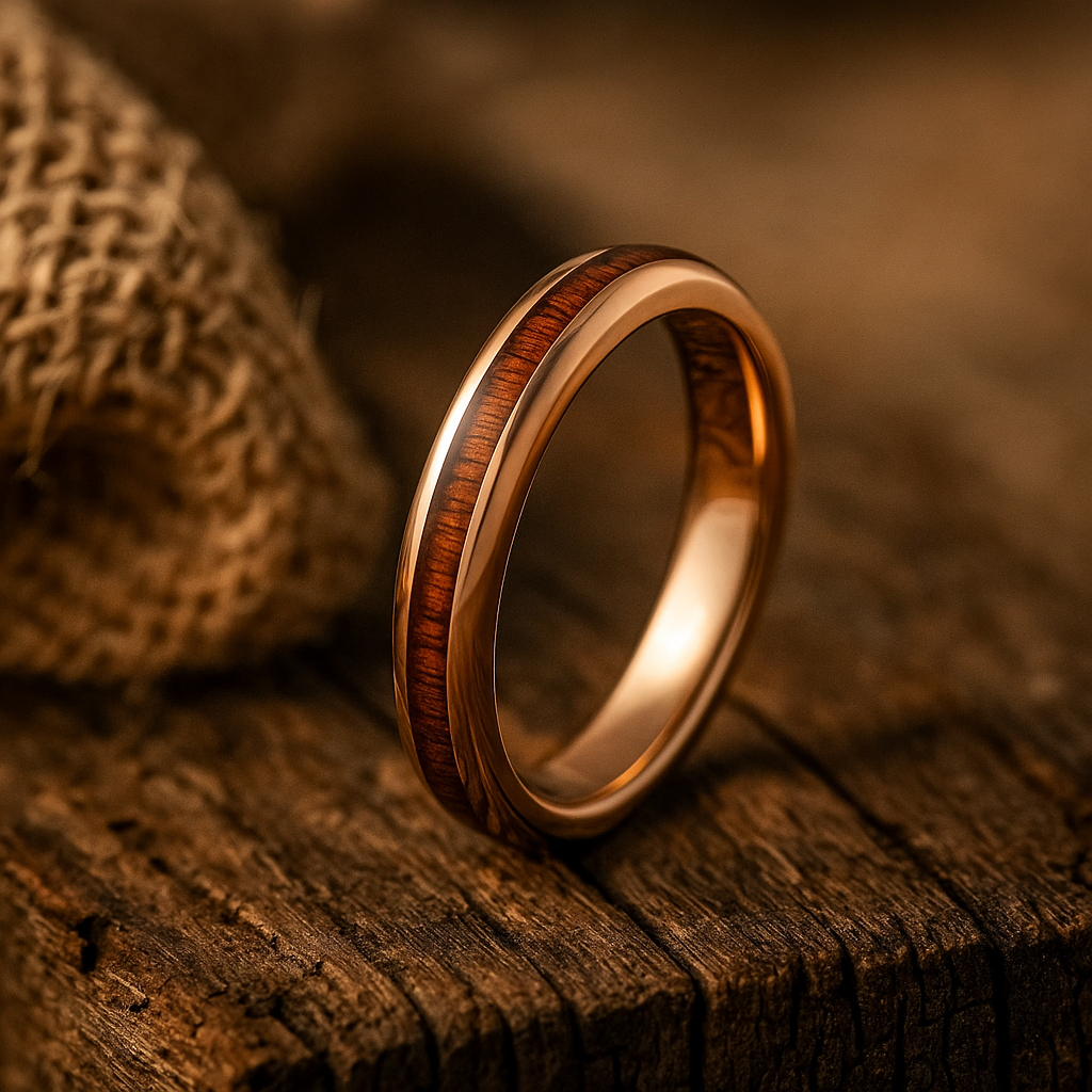 rose gold tungsten barrel wood ring 4mm The Spiritmark