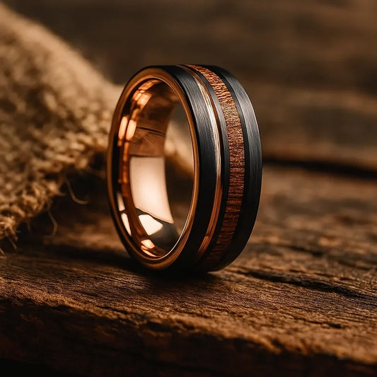 rose gold tungsten barrel wood ring 6mm 8mm The Caskborn