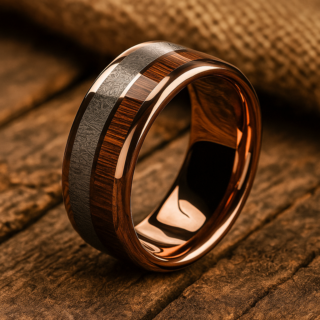 rose gold tungsten barrel wood ring 8mm The Charredmark