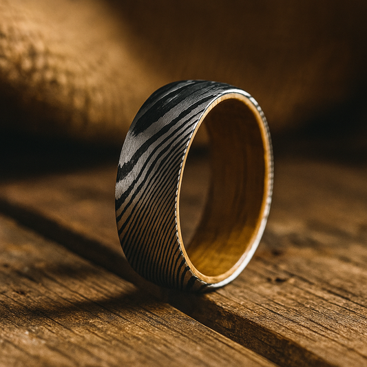 silver damascus steel barrel wood ring 8mm The Barrelcore