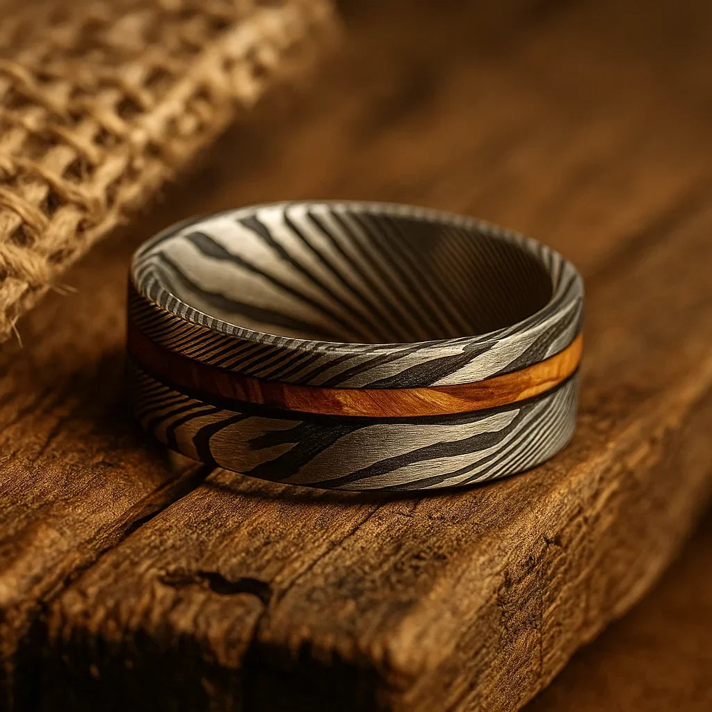 silver damascus steel barrel wood ring 8mm The Stormline