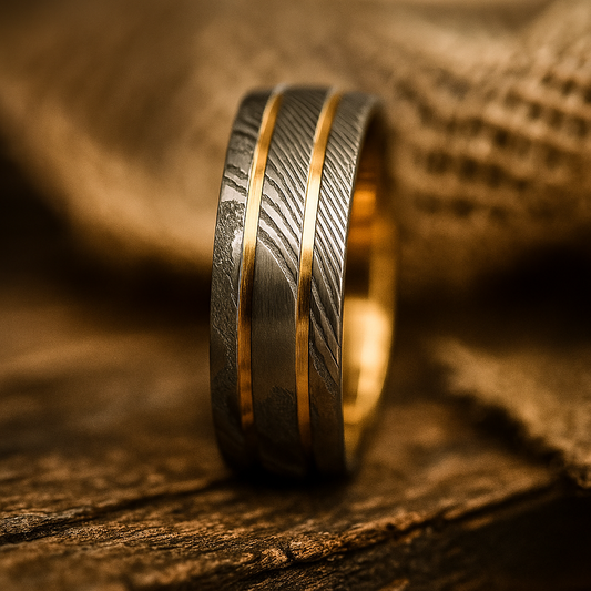 silver damascus steel gold inlay ring 8mm The Twinflame