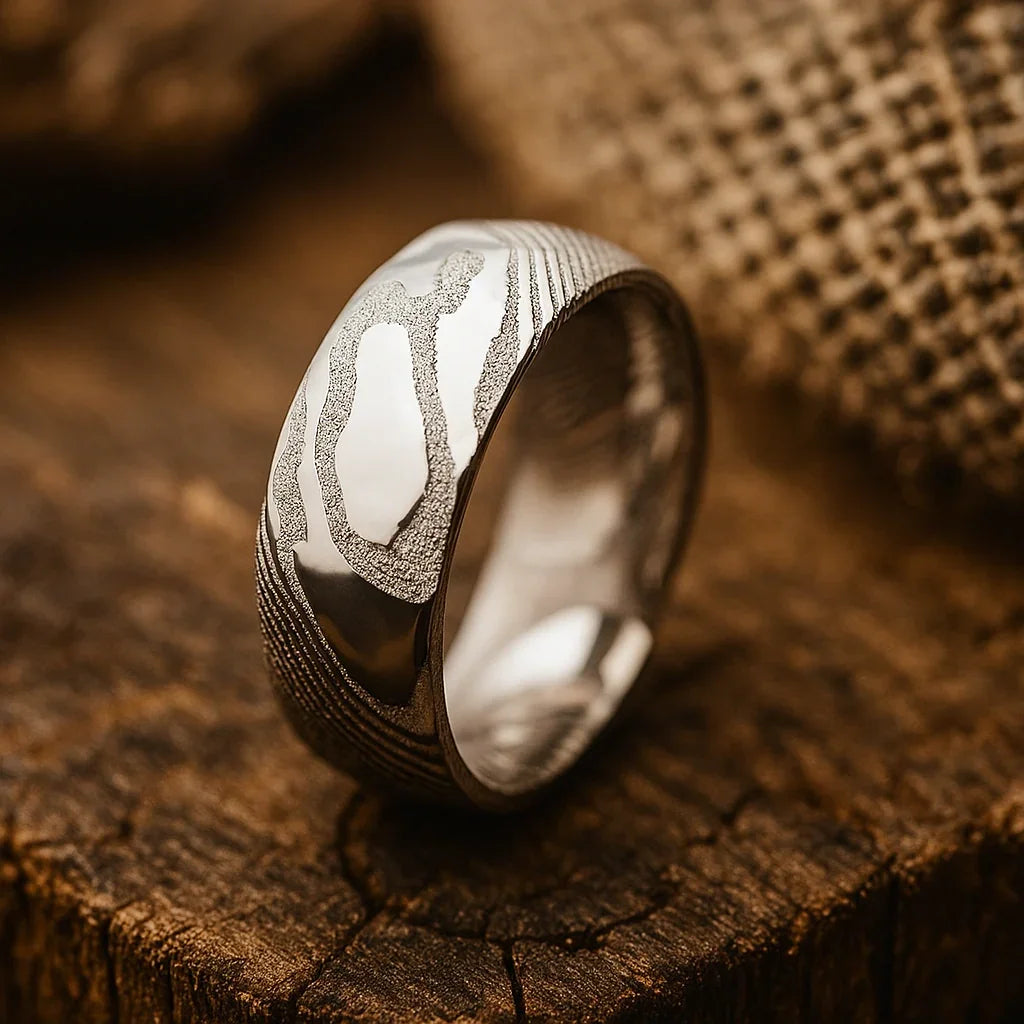 silver damascus steel ring 8mm The Steelborn