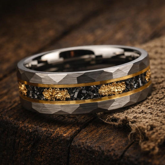 silver faceted tungsten gold meteorite ring 8mm The Meteorbound