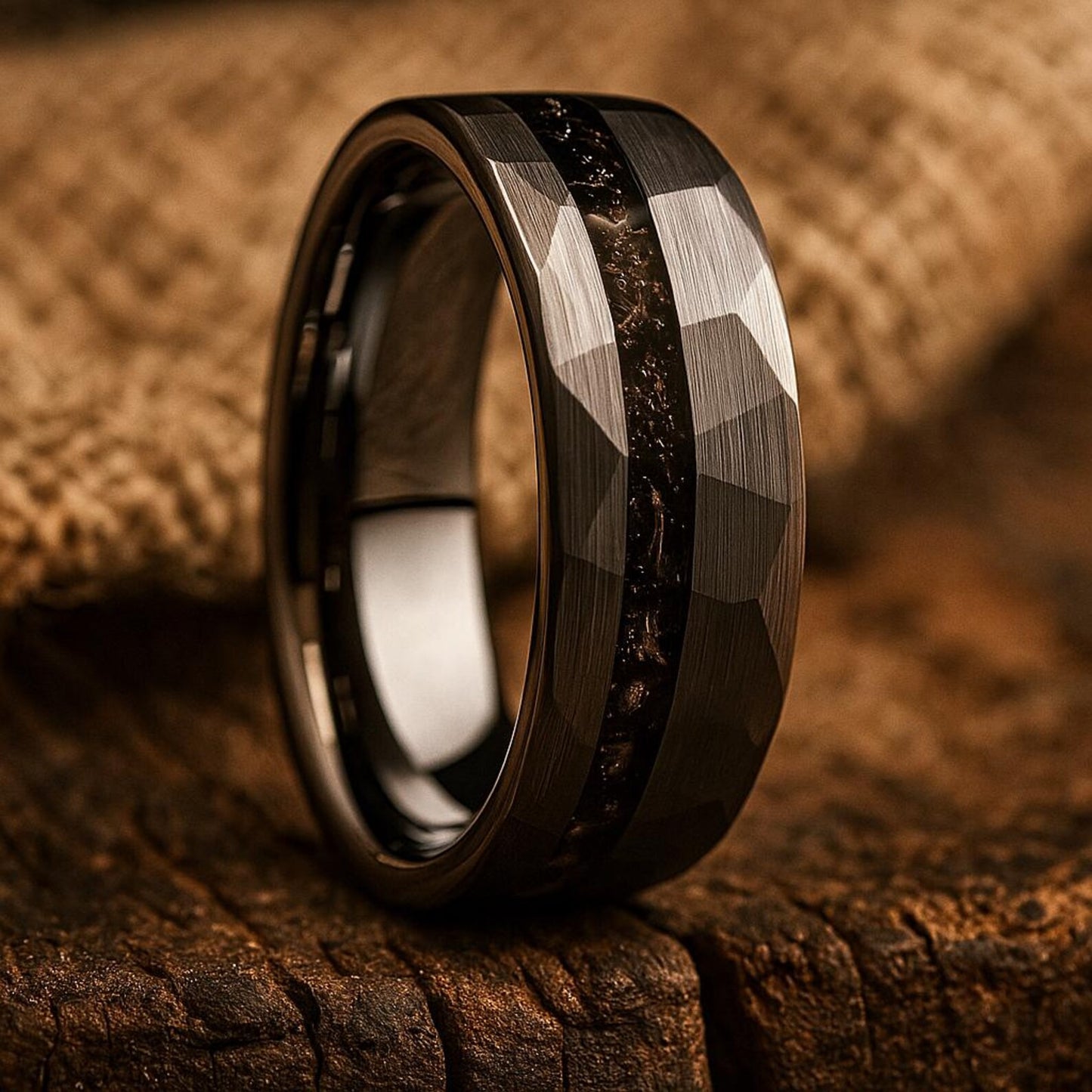 silver faceted tungsten meteorite ring 8mm The Nightfall Stone