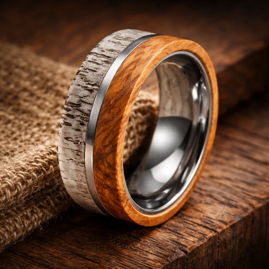 silver tungsten deer antler wood inlay ring 8mm The Hunter’s Crest